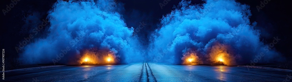 Wall mural blue dark background of the empty foggy street with wet asphalt, illuminated by a searchlight, laser