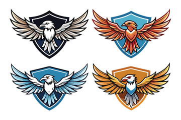 Obraz premium Four Colorful Eagle Mascots with Spread Wings and Shields
