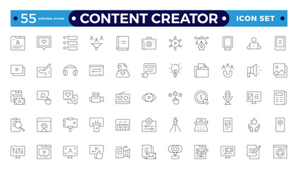 Content creator icon set. Modern thin-line style of love social media-related icons: passion, creator, celebrity, and more. Pictograms and infographics for mobile.Editable stroke outline icon. 
