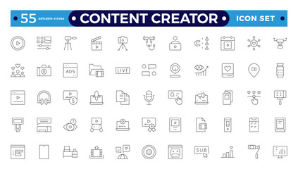 Content creator icon set. Modern thin-line style of love social media-related icons: passion, creator, celebrity, and more. Pictograms and infographics for mobile.Editable stroke outline icon. 
