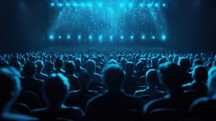 A large number of spectators are sitting in cinema seats, watching a film, dark blue lighting. The atmosphere is dark, realistic and mysterious. concept of activities on holidays, entertainment