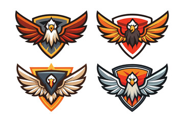Obraz premium Four Eagle Mascots with Wings Spread and Shielded Backgrounds