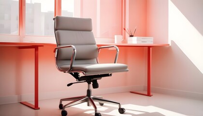 A modern office chair is made from gray leather and is isolated on a white background