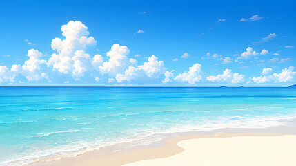 Obraz premium Tranquil seascape with blue sky and white clouds, gentle waves lapping the sandy shore.