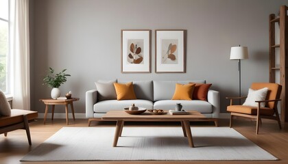 In the modern living room with minimalist interior design, rustic accent pieces enhance the ambiance