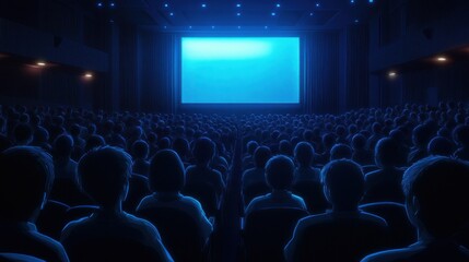 A large number of spectators are sitting in cinema seats, watching a film, dark blue lighting. The atmosphere is dark, realistic and mysterious. concept of activities on holidays, entertainment