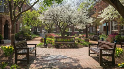 Spring Courtyard with Benches and Flowers.