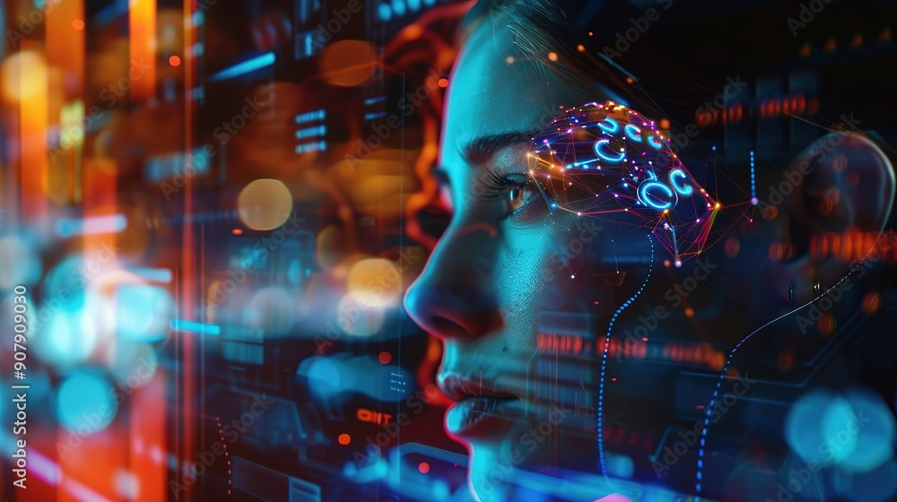 Aufkleber magnificent a woman using a neural interface device for computing, highlighting advancements