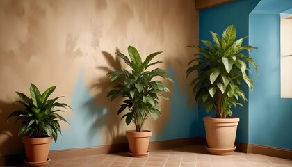 A modern interior background showcases a room with a blue stucco wall, providing ample copy space for customization, along with a potted plant