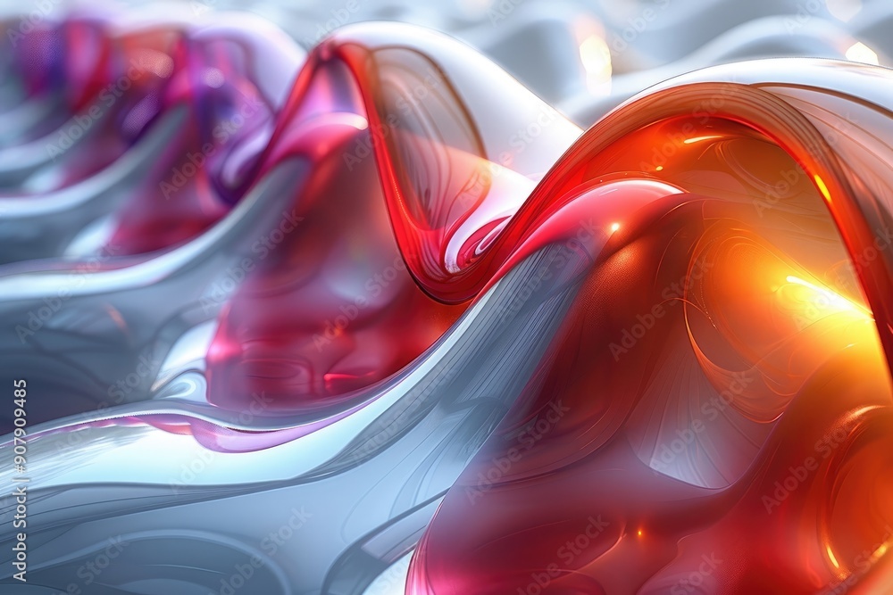 Poster abstract art with smooth, flowing waves in vibrant red, orange, and purple colors, creating a captiv