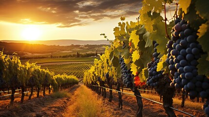 Fototapeta premium Scenic view of vineyard rows with ripe grapes at sunset, creating a captivating landscape of viticulture and nature's beauty.