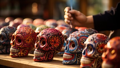 Fototapeta premium Colorful, intricately decorated sugar skulls, a traditional craft for Dia de los Muertos, the Day of the Dead celebration in Mexico.