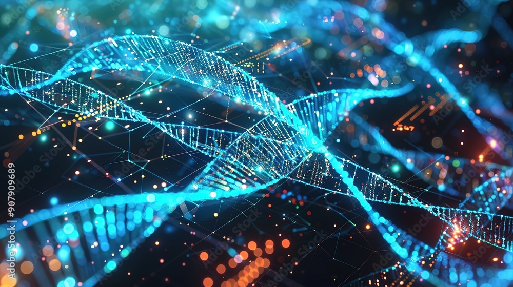 Poster glorious a futuristic visualization of dna strands illuminated within a digital cyberspace