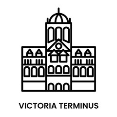 Victoria Terminus. Chhatrapati Shivaji Maharaj Terminus, Mumbai, Maharastra, India. Minimalist line art icon, a historical landmark for web, mobile apps and UI.