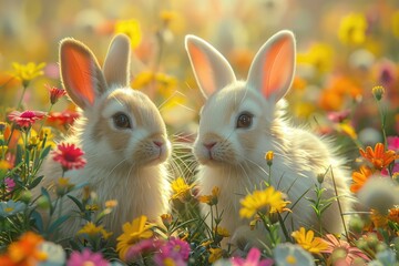 Adorable twin rabbits in a vibrant, colorful flower field, basking in warm sunlight, capturing the beauty of nature and springtime joy.