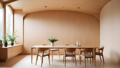 The modern dining room embraces minimalist interior design, featuring an abstract wood-paneled arched wall