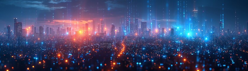 Digital cityscape, blue lights, dark background, futuristic hightech environment