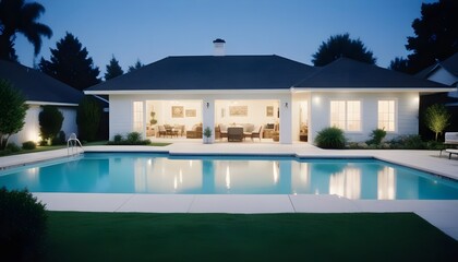 Fototapeta premium A modern cozy house with a garage and a pool for sale or rent is on a white background