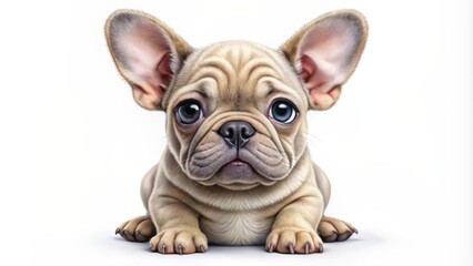 Obraz premium Adorable cartoon French bulldog puppy with big eyes and wrinkled skin sits playfully on a clean white background, showcasing its irresistible cuteness.