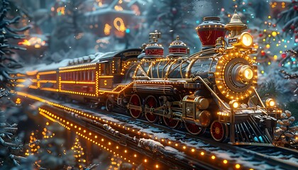 Fototapeta premium Fairy locomotive in holiday postcard style. Merry christmas and happy new year concept