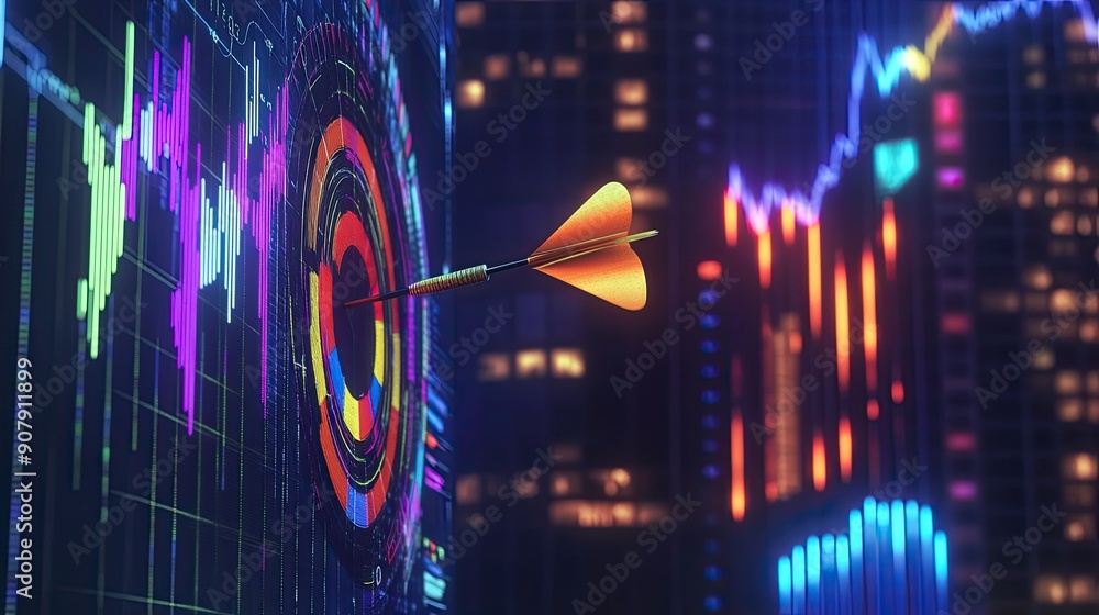 Poster dart stuck on target with stock market background