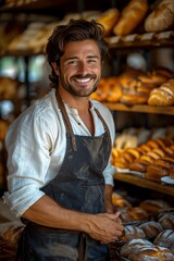 Smiling baker in apron, cozy bakery background, warm lighting, inviting ambiance