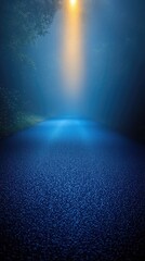 Fototapeta premium Blue dark background of the empty foggy street with wet asphalt, illuminated by a searchlight, laser beams, smoke 