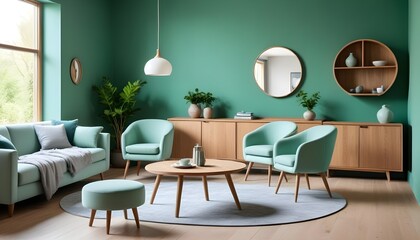 Mint color chairs surround a round wooden dining table in a room with a sofa and a cabinet near a green wall, showcasing Scandinavian home interior design