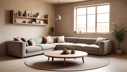 Fototapeta premium A minimalist style home interior design of a modern living room features a beige sofa on hardwood floors near a stone cladding wall