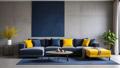 A minimalist style home interior design of a modern living room features a beige sofa on hardwood floors near a stone cladding wall