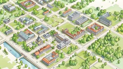 Aerial View of a City with Buildings and Trees.