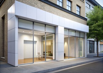 Fototapeta premium Clean-lined modern white store facade with large glass windows and sliding doors, minimalist signage, and a sleek, urban aesthetic on a quiet street corner.