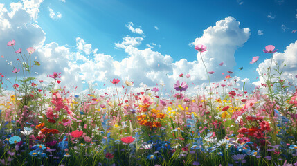 Vibrant meadow of wildflowers under a bright sky.