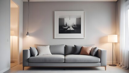 Fototapeta premium Minimalist interior design of a modern living room with a grey sofa near a wall with an empty mock-up poster