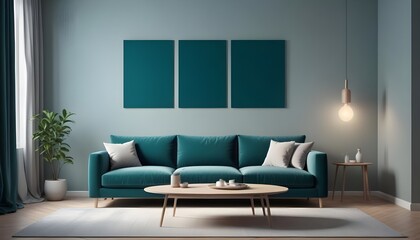 Minimalist interior design of a modern living room with a grey sofa near a wall with an empty mock-up poster