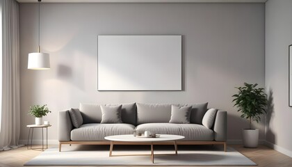 Minimalist interior design of a modern living room with a grey sofa near a wall with an empty mock-up poster