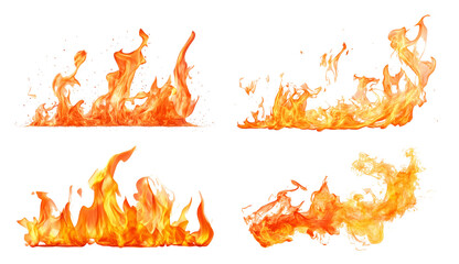 Flames with vibrant orange hues dance and sway, forming various shapes on a clean white backdrop, showcasing their dynamic movement and energy