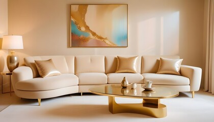 A minimalist home interior design of a modern living room showcases a luxury curved sofa paired with a golden coffee table