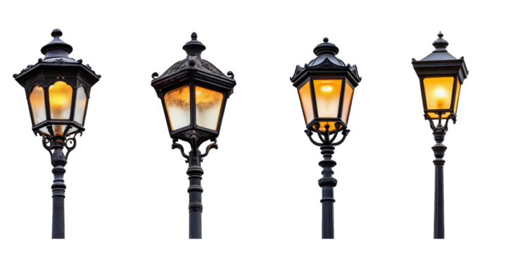 Vintage street lamps line the walkway, casting a warm glow as twilight settles over the charming neighborhood
