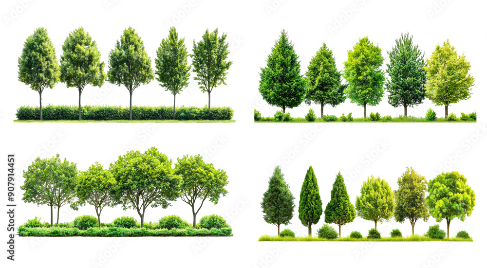 Poster various tree species are arranged in groups, showcasing different shapes and sizes, set against a lu
