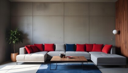 Minimalist loft home interior design of a modern living room with a grey fabric corner sofa in a room with concrete and wood paneling walls