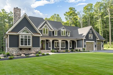 Obraz premium Beautiful Grey-Walled Home with Black Roof and Stone Chimney in North Carolina Woods, Featuring Lush Green Grass and Two Garage Doors
