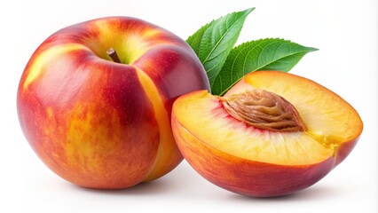 Vibrant peach isolated on transparent background featuring a juicy slice with a leaf attached, perfectly captured with full depth of field and clean clipping path.