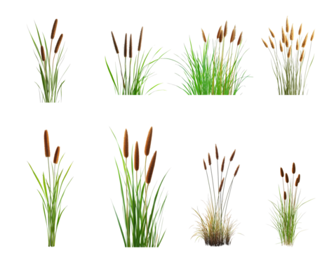 Various cattail plants showcasing their tall, brown flower heads among lush green grass under natural daylight