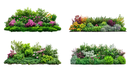 Vibrant garden beds display a variety of colorful flowers and lush greenery in creative arrangements, showcasing nature's beauty