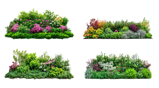 Vibrant garden beds display a variety of colorful flowers and lush greenery in creative arrangements, showcasing nature's beauty