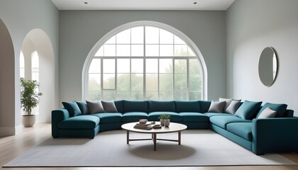 In a minimalist home interior design of a modern living room, a curved sofa is placed against an arched window