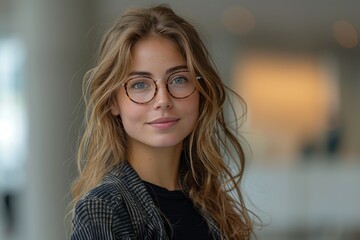 Fototapeta premium Young woman with wavy hair wearing glasses and a blazer, smiling confidently in a modern indoor setting.
