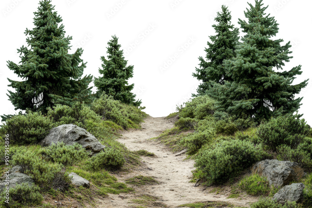 Poster a serene path meanders through dense greenery, flanked by tall trees and rocks, inviting exploration