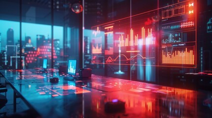 Obraz premium Futuristic office with holographic financial graphs floating in the air